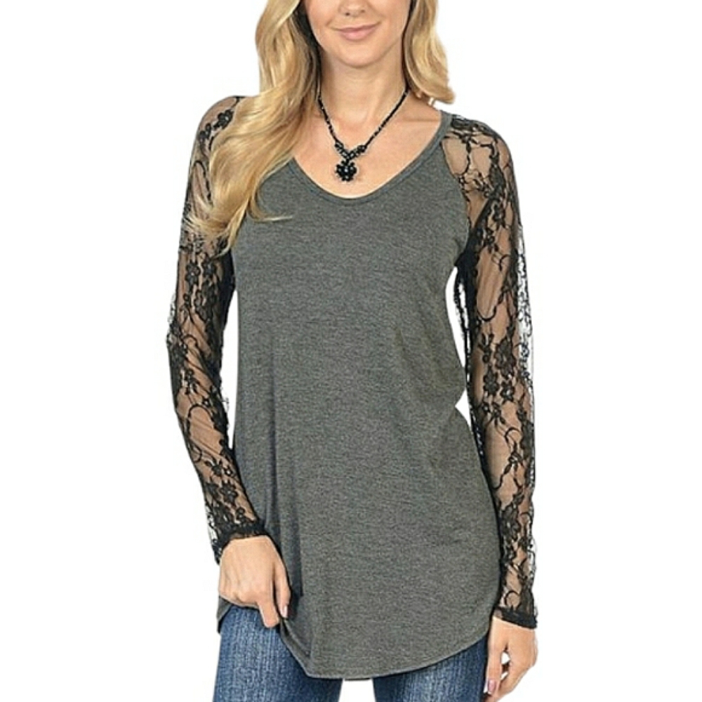 Goo Yoo Sheer Floral Black Lace Raglan Sleeves High Low Hem Gray Tunic Top M/L - Picture 15 of 16